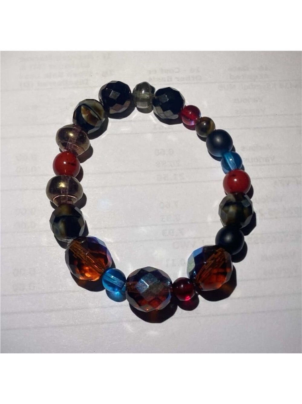 Handmade Beaded Stretch Bracelet Faceted Glass & Gemstone Boho Red Black Blue